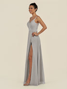 KissDress-Zyria Silver A Line Chiffon V Neck Ruched Long Bridesmaid Dress with Slit