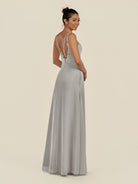 KissDress-Zyria Silver A Line Chiffon V Neck Ruched Long Bridesmaid Dress with Slit