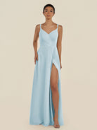 KissDress-Zyria Sky Blue A Line Chiffon V Neck Ruched Long Bridesmaid Dress with Slit