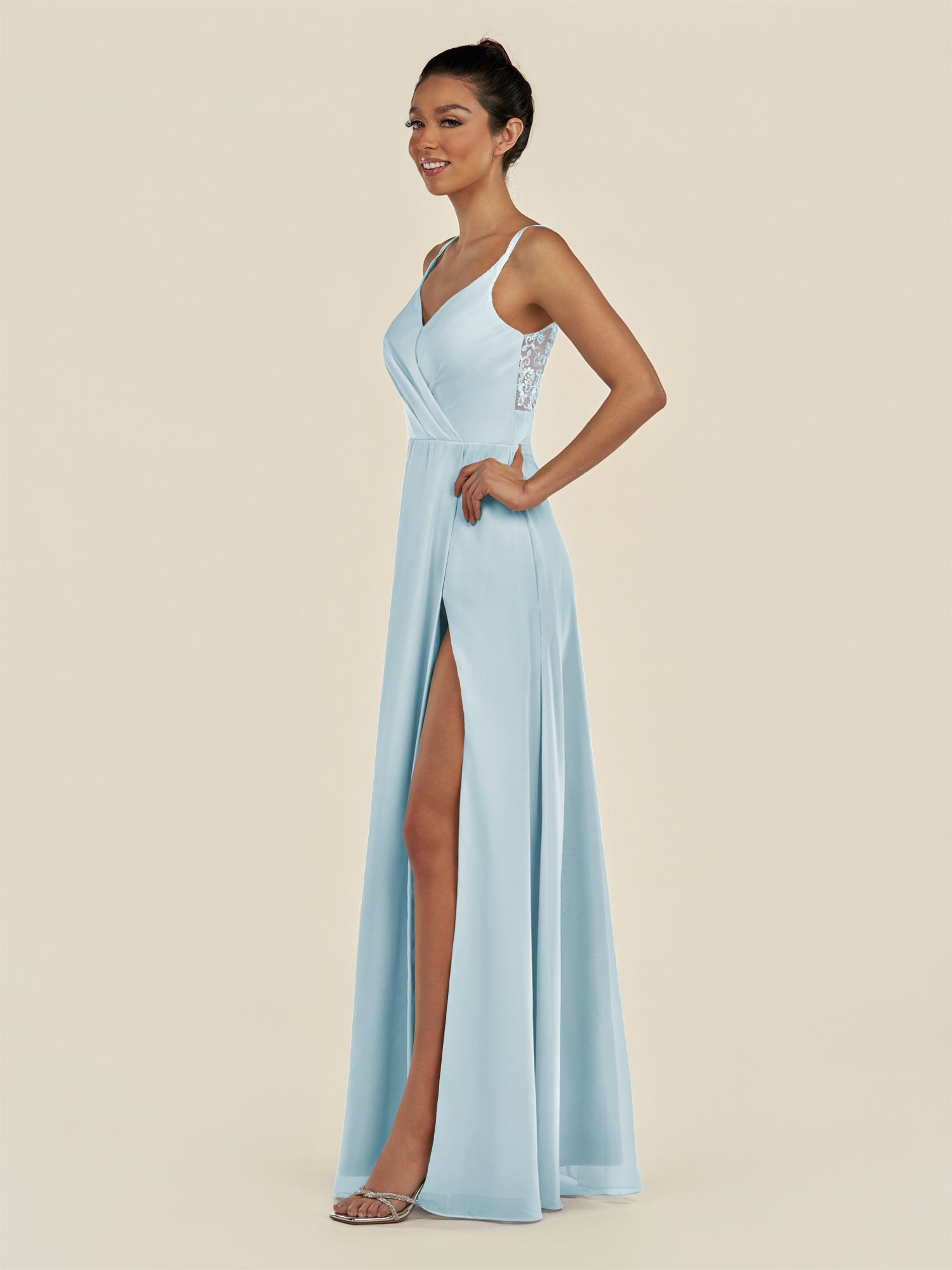 KissDress-Zyria Sky Blue A Line Chiffon V Neck Ruched Long Bridesmaid Dress with Slit