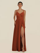 KissDress-Zyria Spice A Line Chiffon V Neck Ruched Long Bridesmaid Dress with Slit