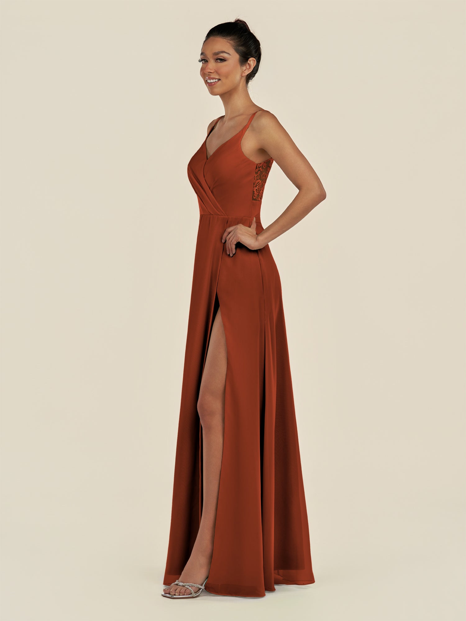 KissDress-Zyria Spice A Line Chiffon V Neck Ruched Long Bridesmaid Dress with Slit