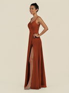 KissDress-Zyria Spice A Line Chiffon V Neck Ruched Long Bridesmaid Dress with Slit
