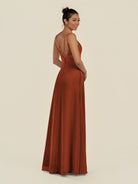 KissDress-Zyria Spice A Line Chiffon V Neck Ruched Long Bridesmaid Dress with Slit