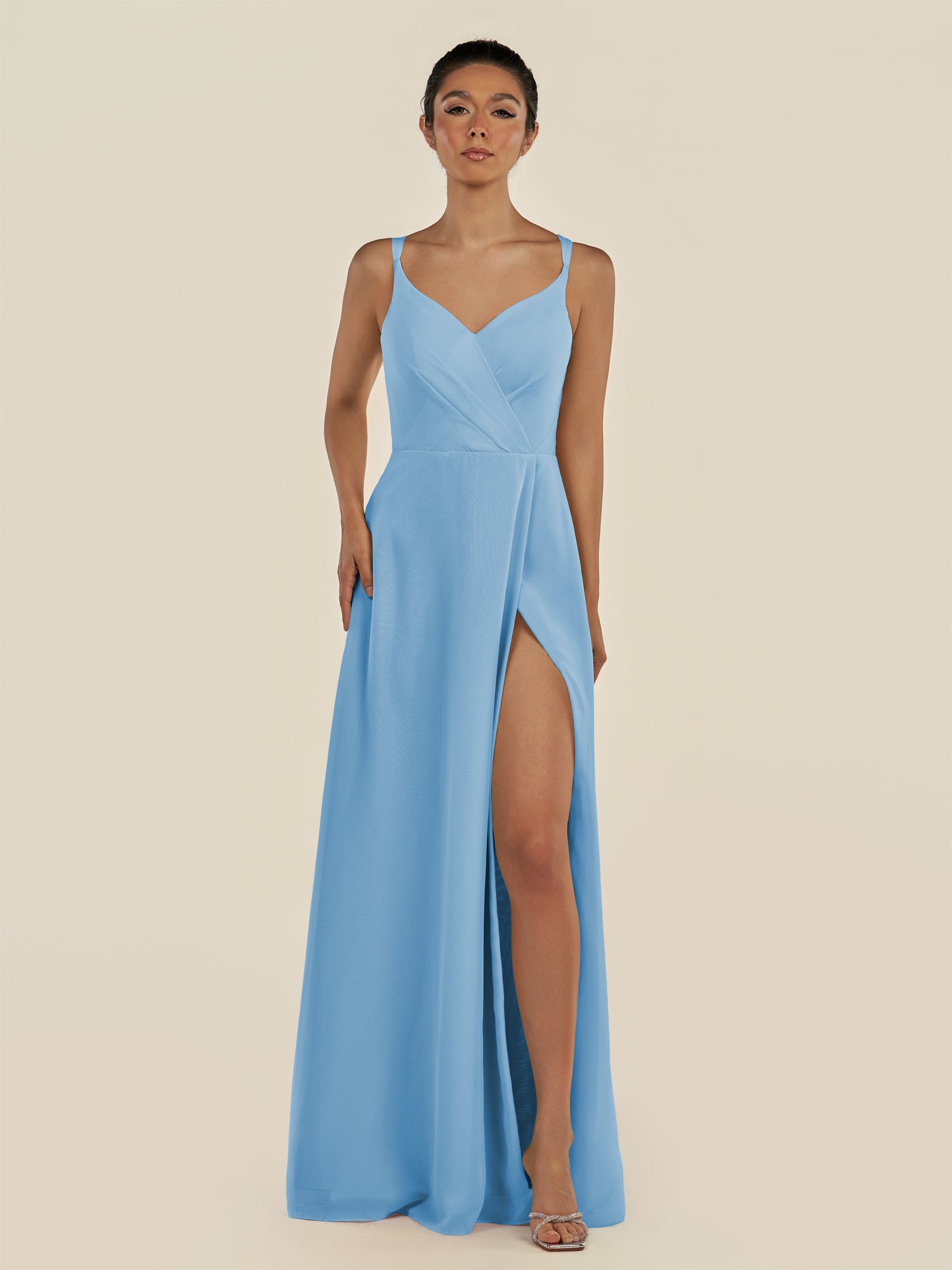 KissDress-Zyria Steel Blue A Line Chiffon V Neck Ruched Long Bridesmaid Dress with Slit