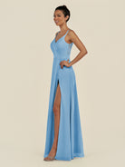 KissDress-Zyria Steel Blue A Line Chiffon V Neck Ruched Long Bridesmaid Dress with Slit