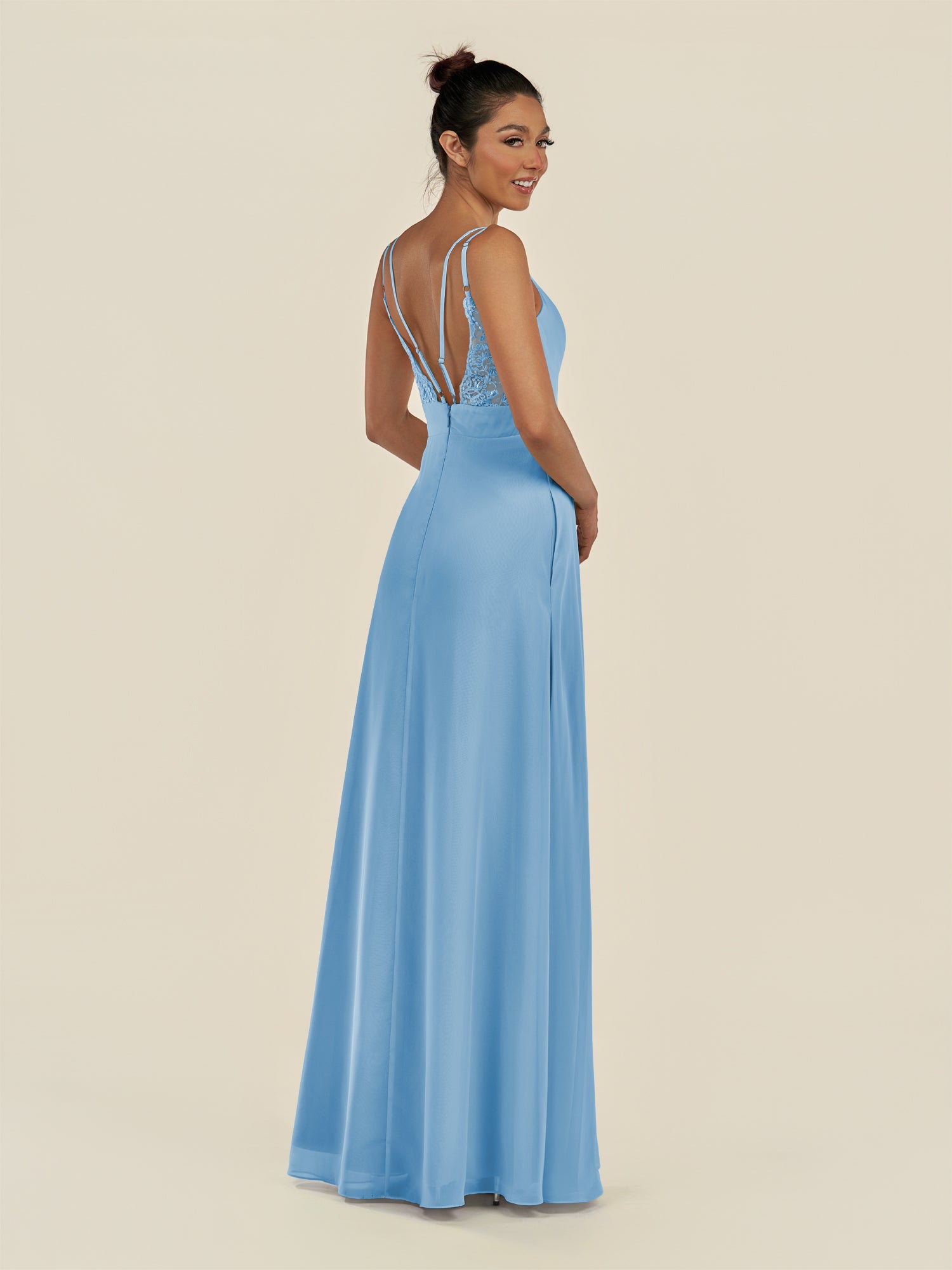 KissDress-Zyria Steel Blue A Line Chiffon V Neck Ruched Long Bridesmaid Dress with Slit