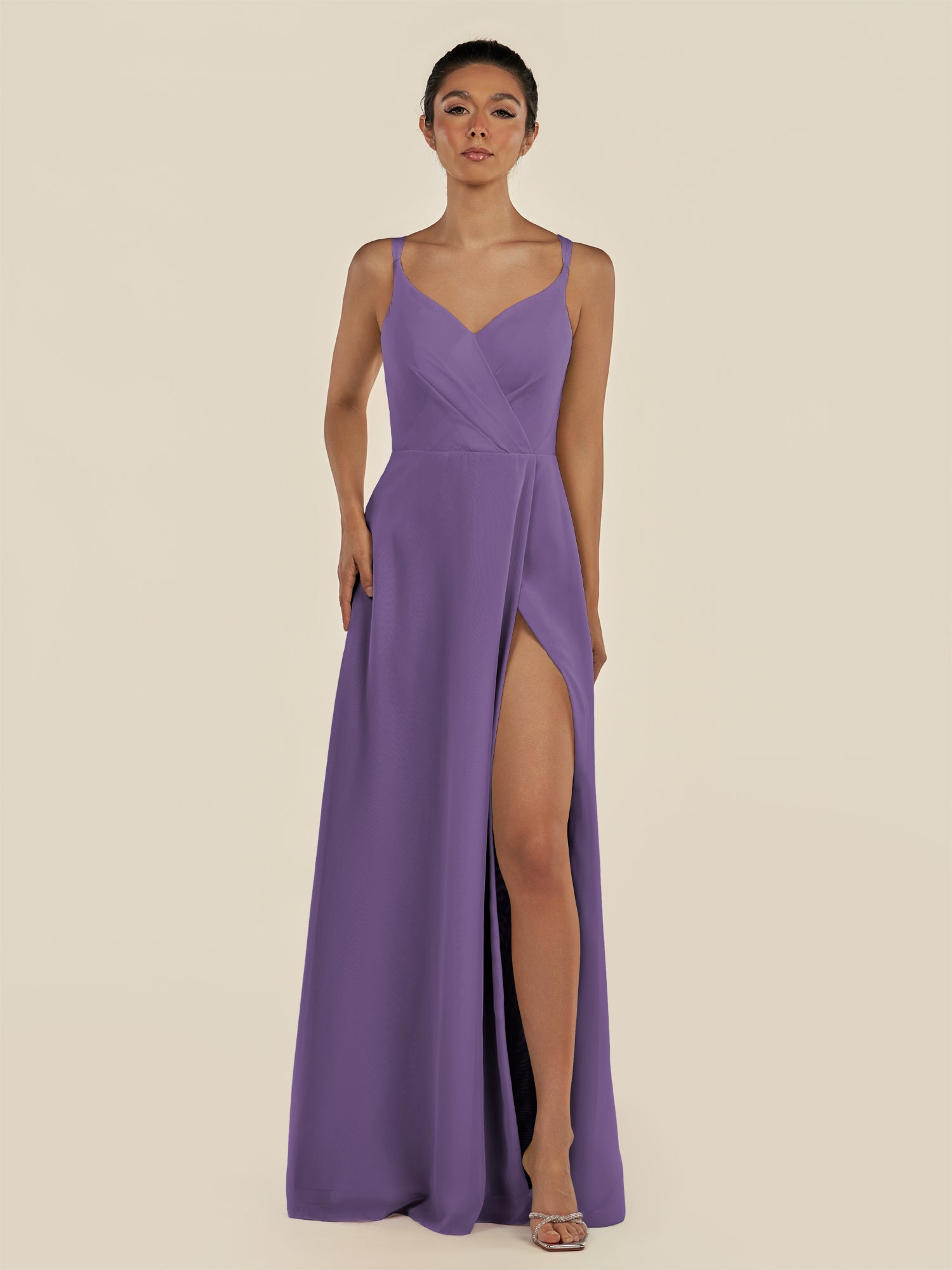 KissDress-Zyria Tahiti A Line Chiffon V Neck Ruched Long Bridesmaid Dress with Slit