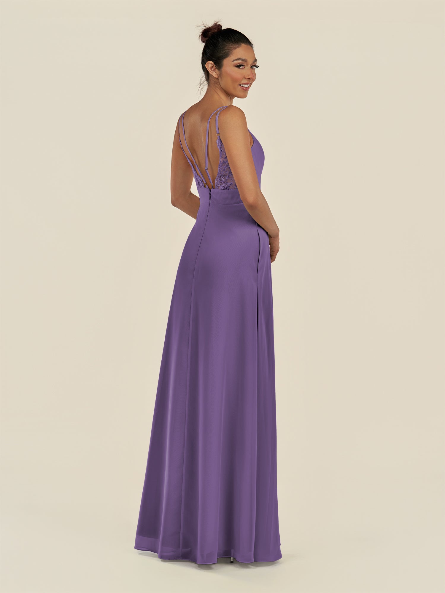 KissDress-Zyria Tahiti A Line Chiffon V Neck Ruched Long Bridesmaid Dress with Slit