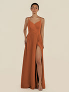 KissDress-Zyria Terracotta A Line Chiffon V Neck Ruched Long Bridesmaid Dress with Slit