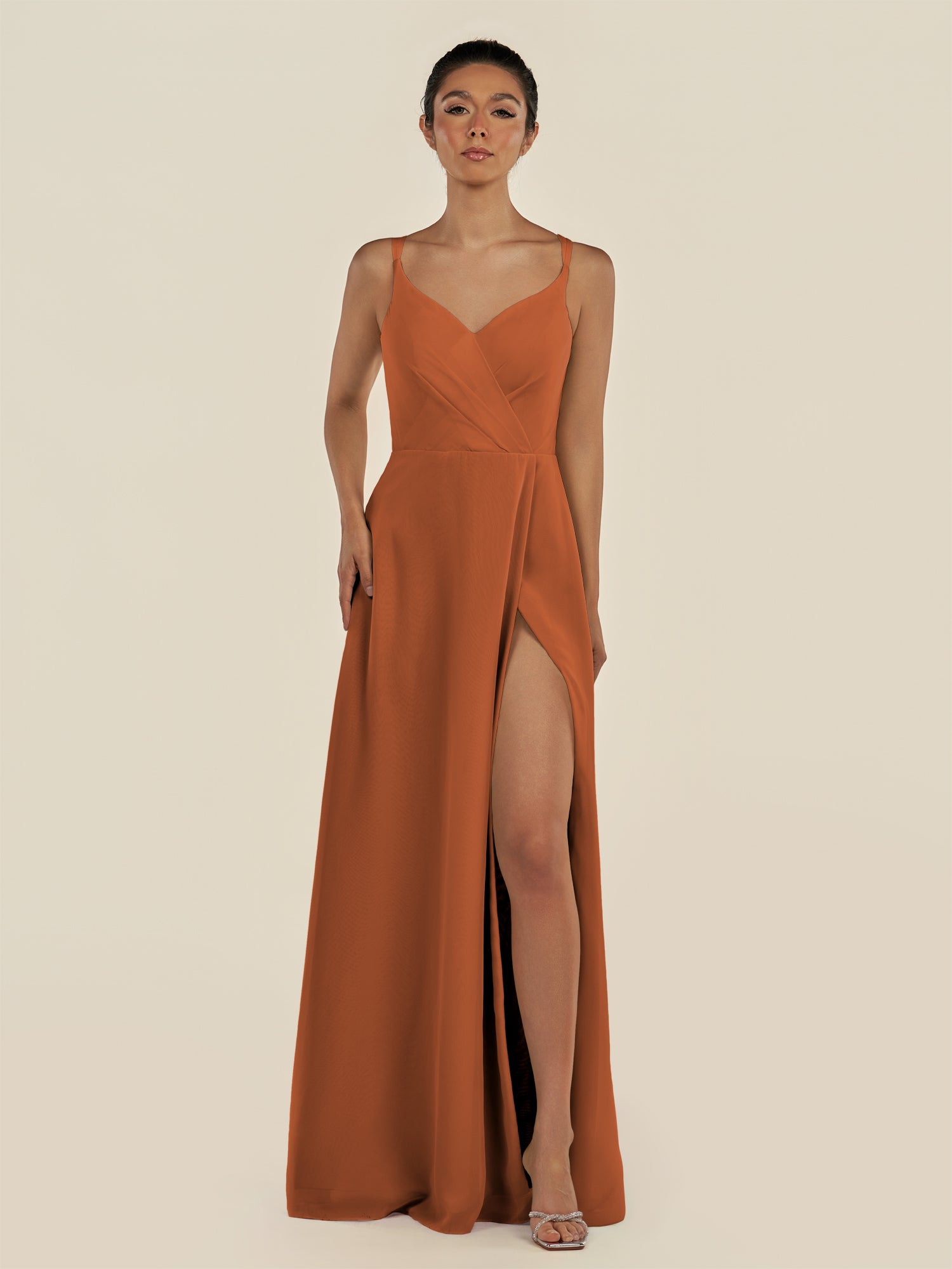 KissDress-Zyria Terracotta A Line Chiffon V Neck Ruched Long Bridesmaid Dress with Slit