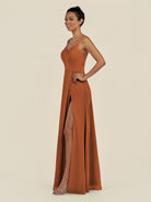 KissDress-Zyria Terracotta A Line Chiffon V Neck Ruched Long Bridesmaid Dress with Slit