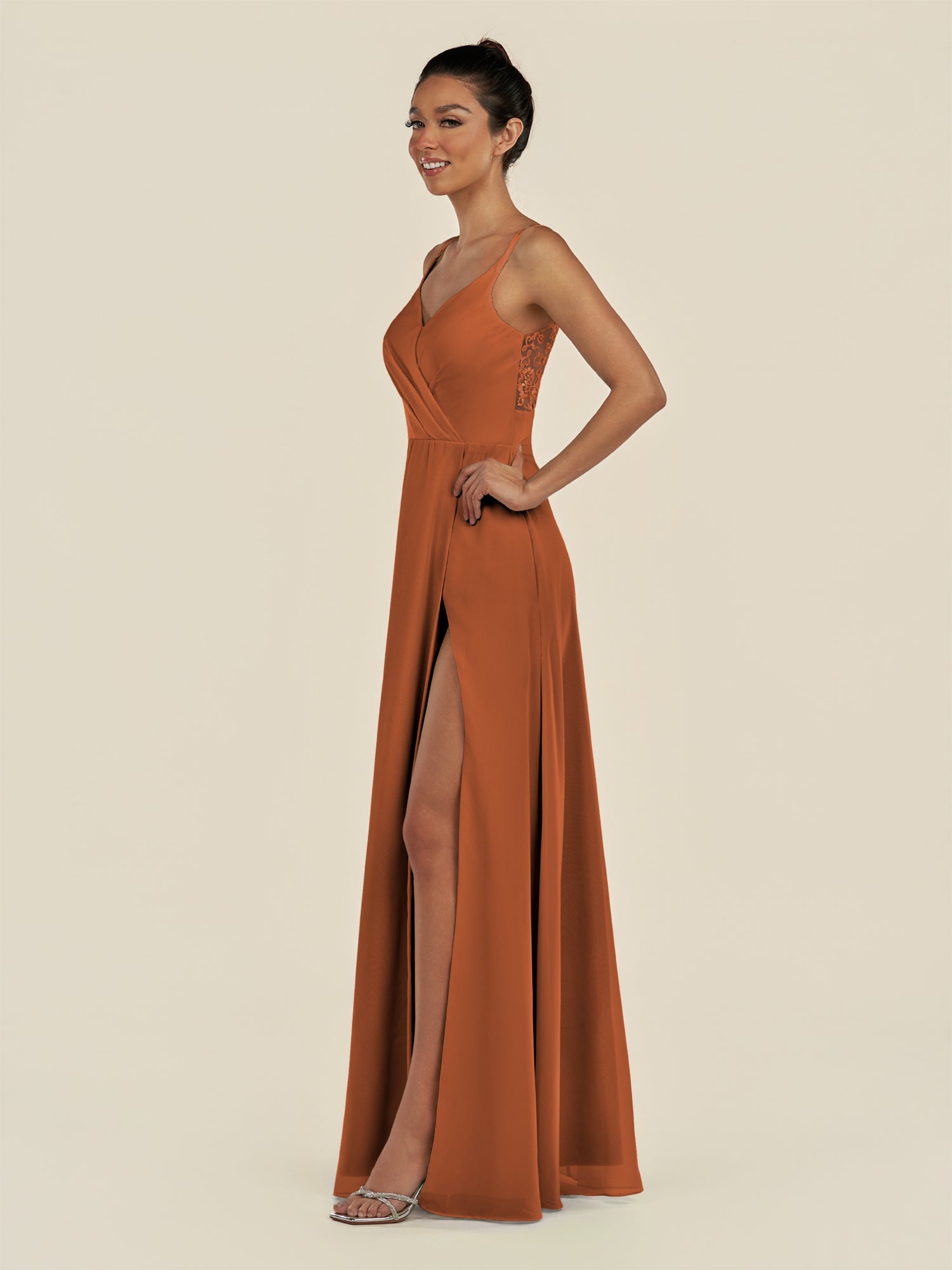 KissDress-Zyria Terracotta A Line Chiffon V Neck Ruched Long Bridesmaid Dress with Slit