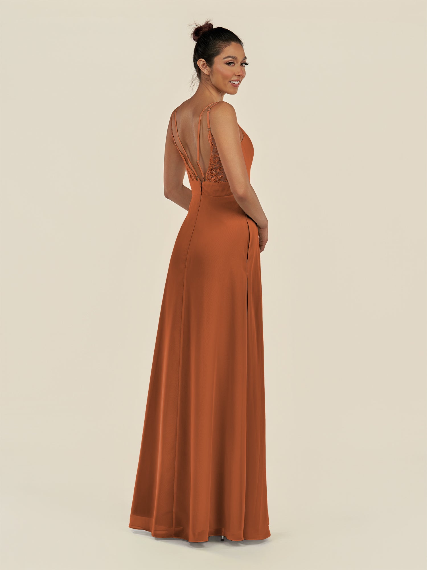 KissDress-Zyria Terracotta A Line Chiffon V Neck Ruched Long Bridesmaid Dress with Slit