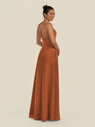 KissDress-Zyria Terracotta A Line Chiffon V Neck Ruched Long Bridesmaid Dress with Slit
