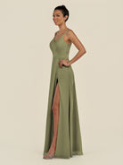 KissDress-Zyria Thyme A Line Chiffon V Neck Ruched Long Bridesmaid Dress with Slit