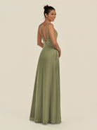 KissDress-Zyria Thyme A Line Chiffon V Neck Ruched Long Bridesmaid Dress with Slit