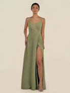 KissDress-Zyria Thyme A Line Chiffon V Neck Ruched Long Bridesmaid Dress with Slit