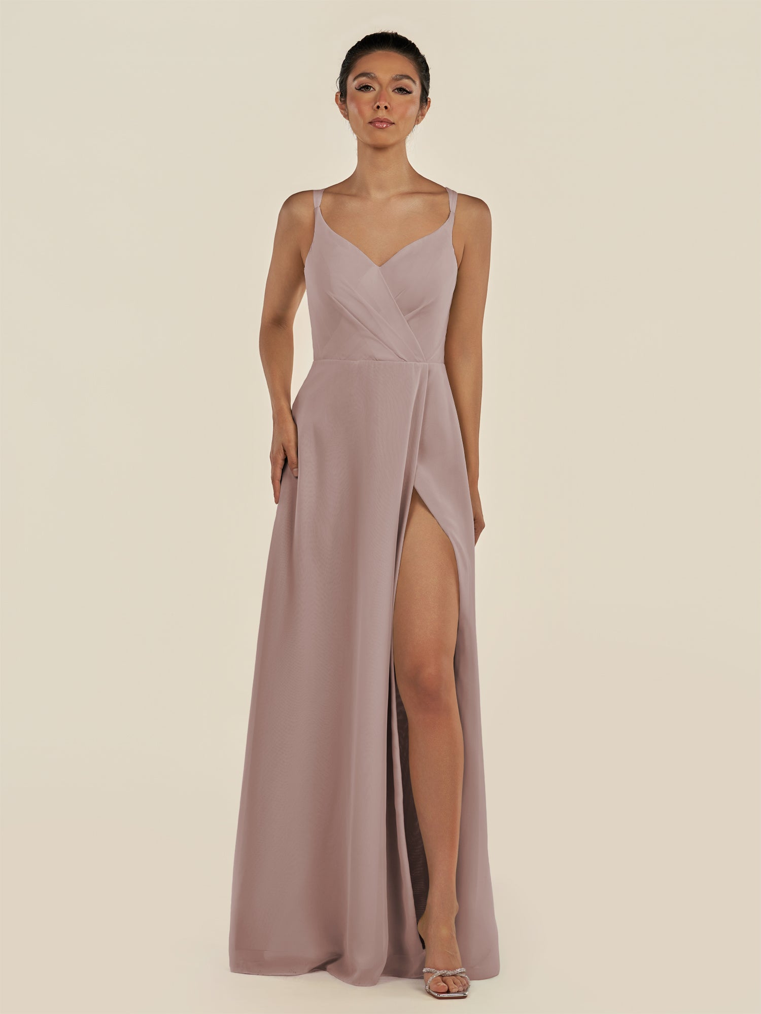 KissDress-Zyria Toffee A Line Chiffon V Neck Ruched Long Bridesmaid Dress with Slit