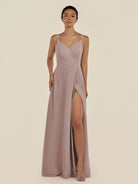 KissDress-Zyria Toffee A Line Chiffon V Neck Ruched Long Bridesmaid Dress with Slit