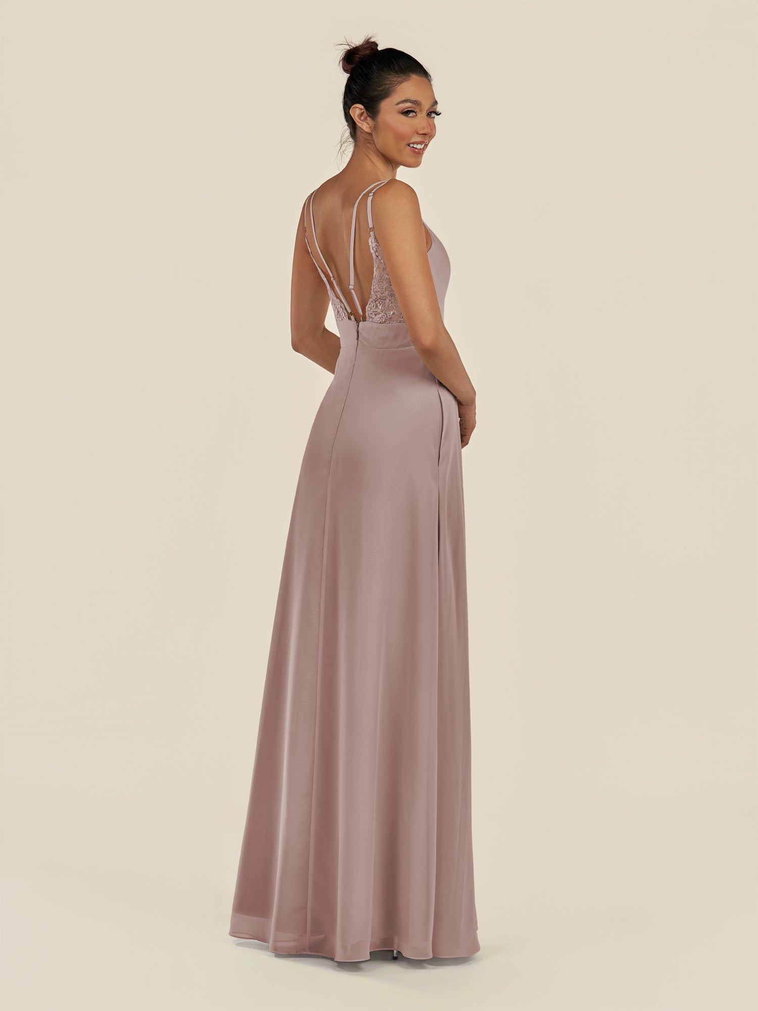 KissDress-Zyria Toffee A Line Chiffon V Neck Ruched Long Bridesmaid Dress with Slit