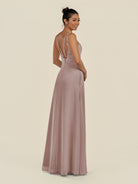 KissDress-Zyria Toffee A Line Chiffon V Neck Ruched Long Bridesmaid Dress with Slit