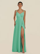 KissDress-Zyria Turquoise A Line Chiffon V Neck Ruched Long Bridesmaid Dress with Slit