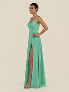 KissDress-Zyria Turquoise A Line Chiffon V Neck Ruched Long Bridesmaid Dress with Slit