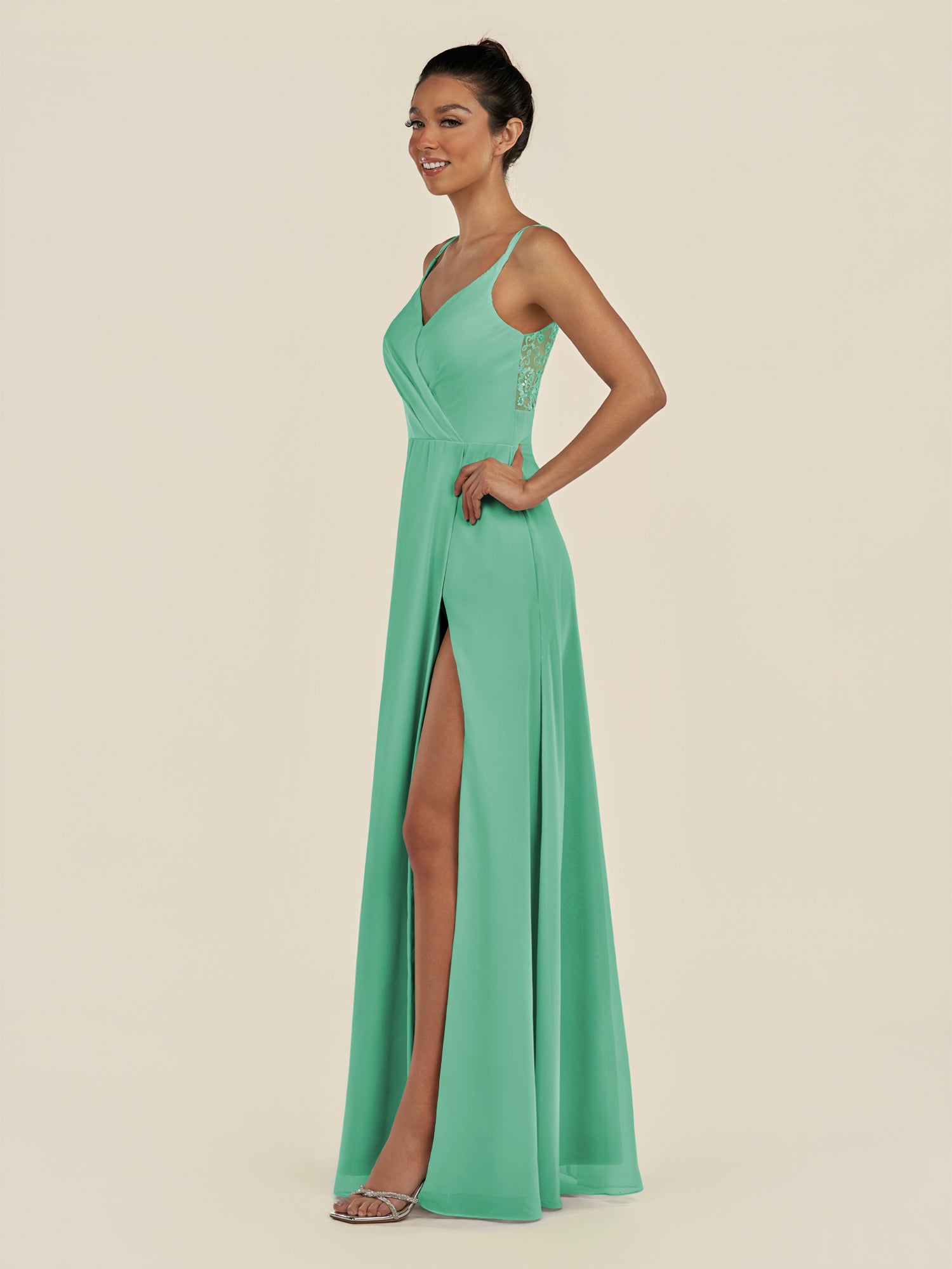 KissDress-Zyria Turquoise A Line Chiffon V Neck Ruched Long Bridesmaid Dress with Slit