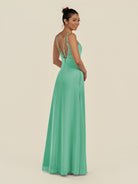 KissDress-Zyria Turquoise A Line Chiffon V Neck Ruched Long Bridesmaid Dress with Slit
