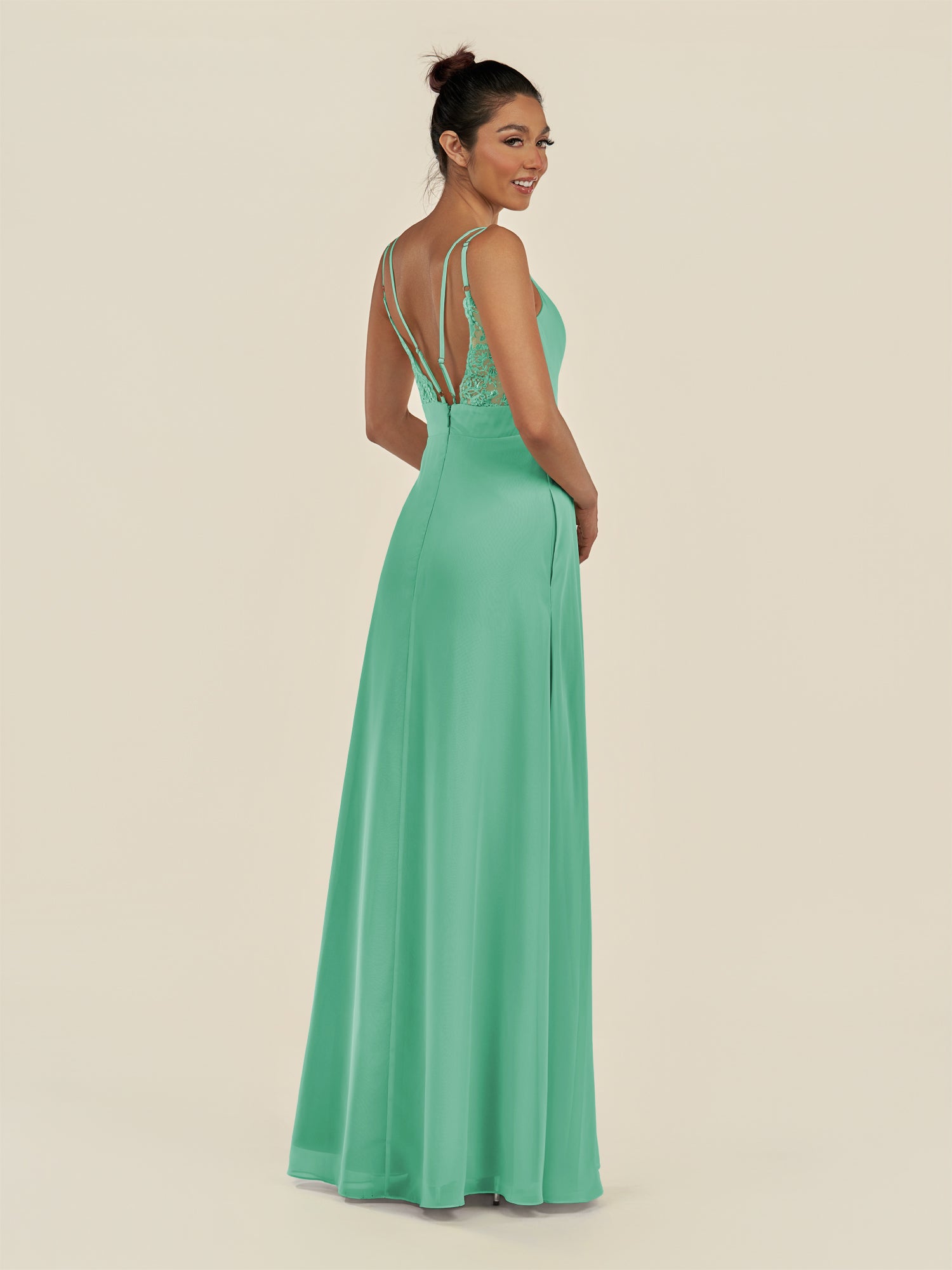 KissDress-Zyria Turquoise A Line Chiffon V Neck Ruched Long Bridesmaid Dress with Slit