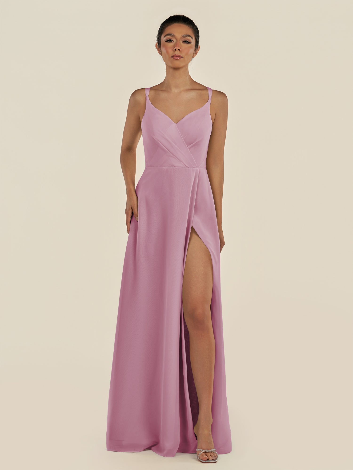 KissDress-Zyria Vintage Mauve A Line Chiffon V Neck Ruched Long Bridesmaid Dress with Slit