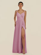 KissDress-Zyria Vintage Mauve A Line Chiffon V Neck Ruched Long Bridesmaid Dress with Slit