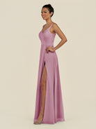 KissDress-Zyria Vintage Mauve A Line Chiffon V Neck Ruched Long Bridesmaid Dress with Slit