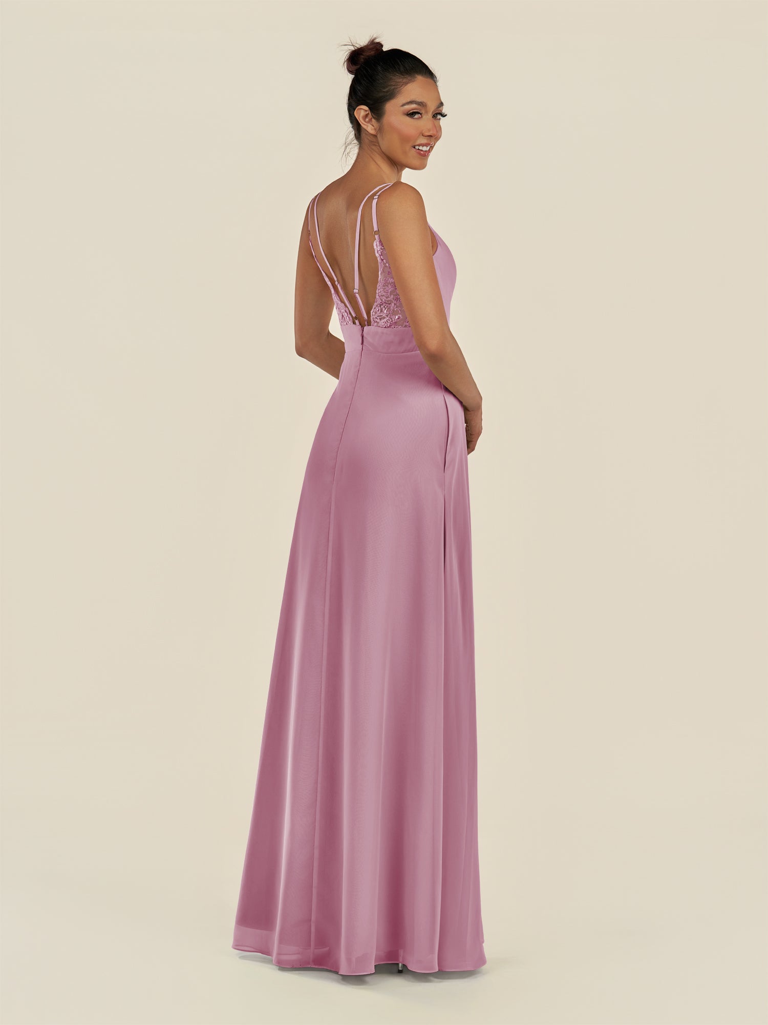 KissDress-Zyria Vintage Mauve A Line Chiffon V Neck Ruched Long Bridesmaid Dress with Slit