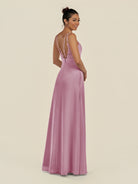 KissDress-Zyria Vintage Mauve A Line Chiffon V Neck Ruched Long Bridesmaid Dress with Slit