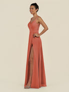 KissDress-Zyria Wild Rose A Line Chiffon V Neck Ruched Long Bridesmaid Dress with Slit