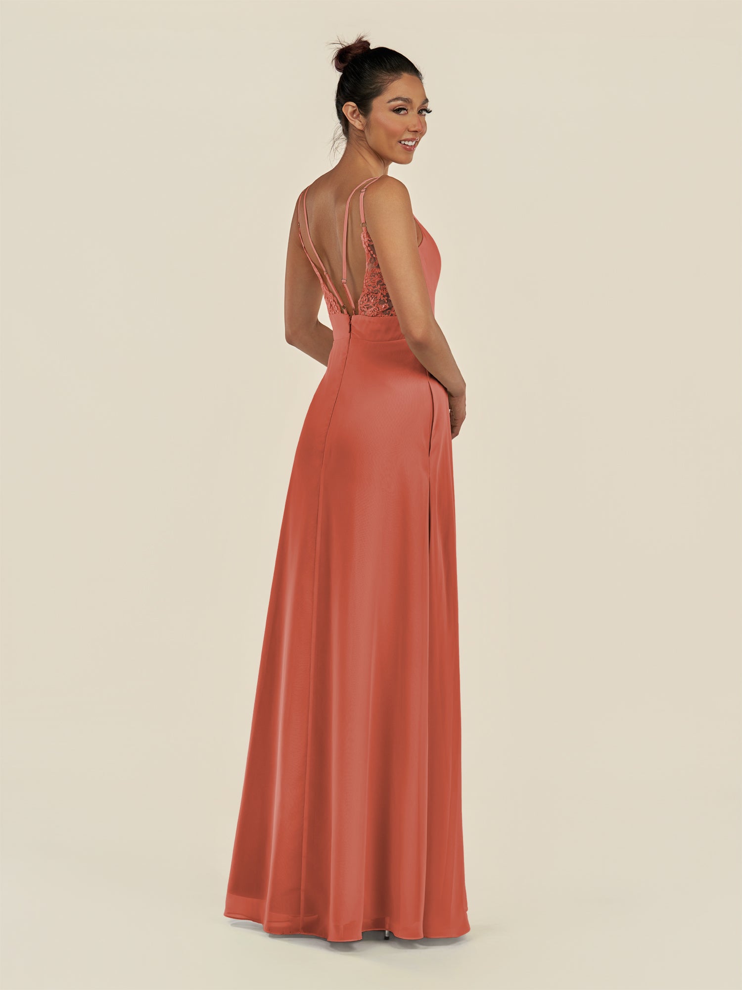 KissDress-Zyria Wild Rose A Line Chiffon V Neck Ruched Long Bridesmaid Dress with Slit