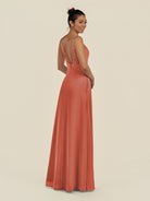KissDress-Zyria Wild Rose A Line Chiffon V Neck Ruched Long Bridesmaid Dress with Slit