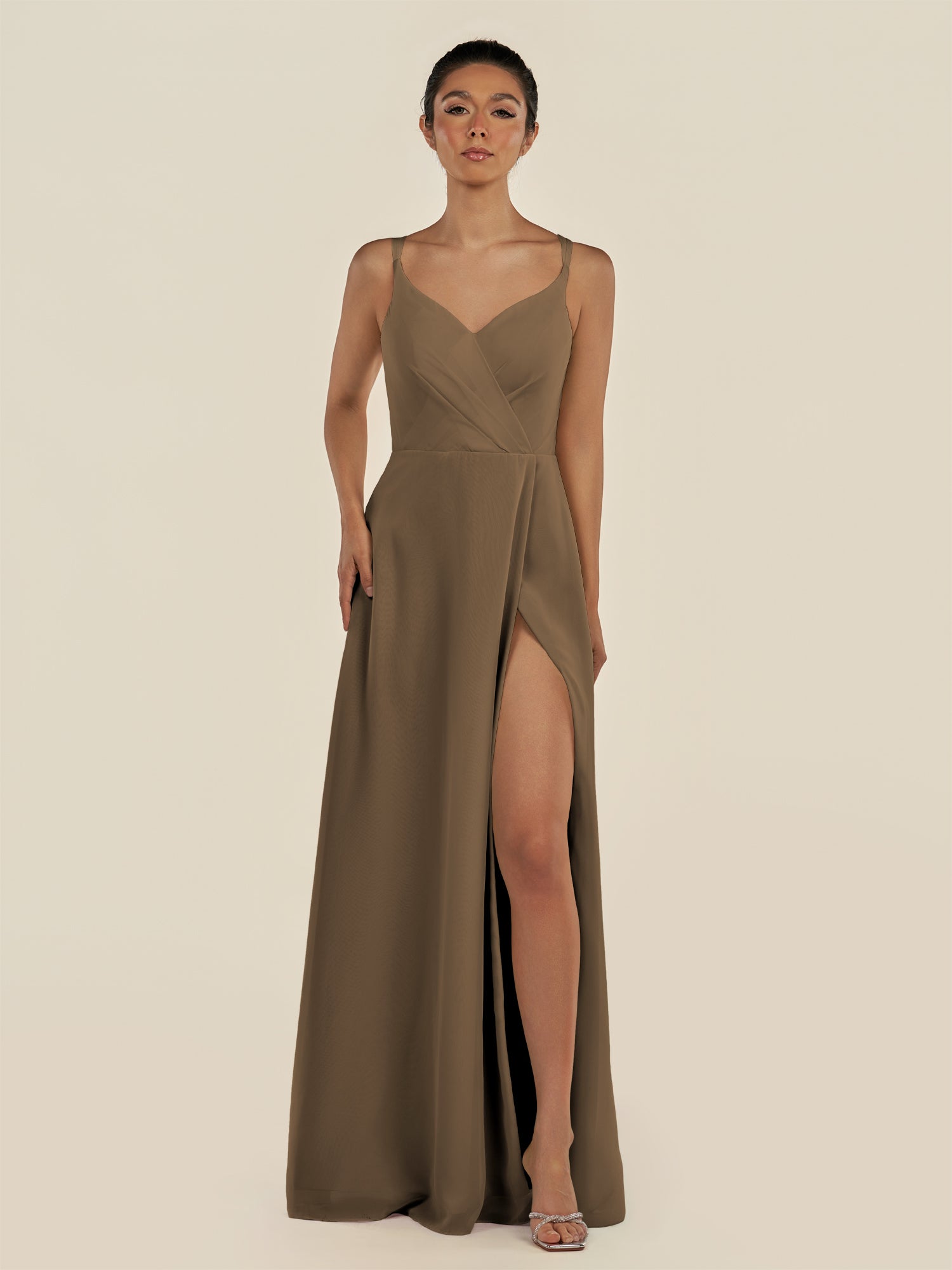 KissDress-Zyria Willow Green A Line Chiffon V Neck Ruched Long Bridesmaid Dress with Slit