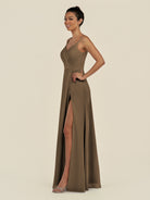 KissDress-Zyria Willow Green A Line Chiffon V Neck Ruched Long Bridesmaid Dress with Slit