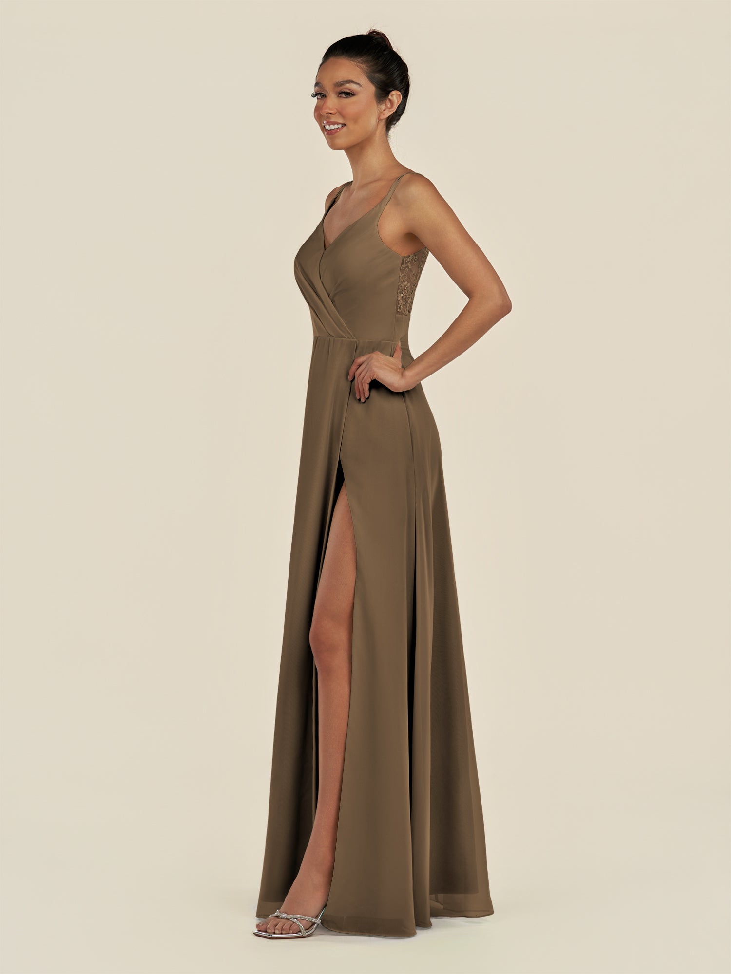 KissDress-Zyria Willow Green A Line Chiffon V Neck Ruched Long Bridesmaid Dress with Slit