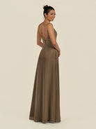 KissDress-Zyria Willow Green A Line Chiffon V Neck Ruched Long Bridesmaid Dress with Slit