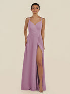 KissDress-Zyria Wisteria A Line Chiffon V Neck Ruched Long Bridesmaid Dress with Slit