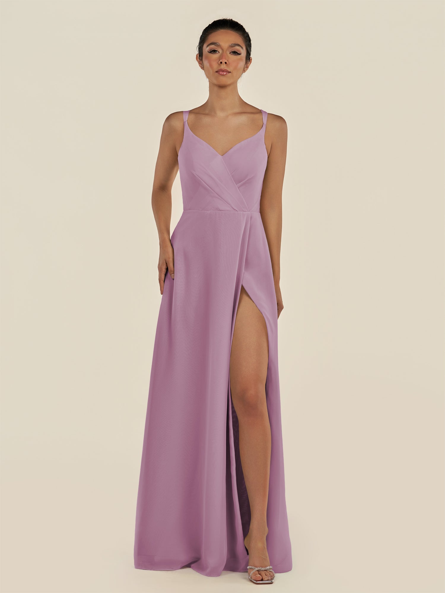KissDress-Zyria Wisteria A Line Chiffon V Neck Ruched Long Bridesmaid Dress with Slit