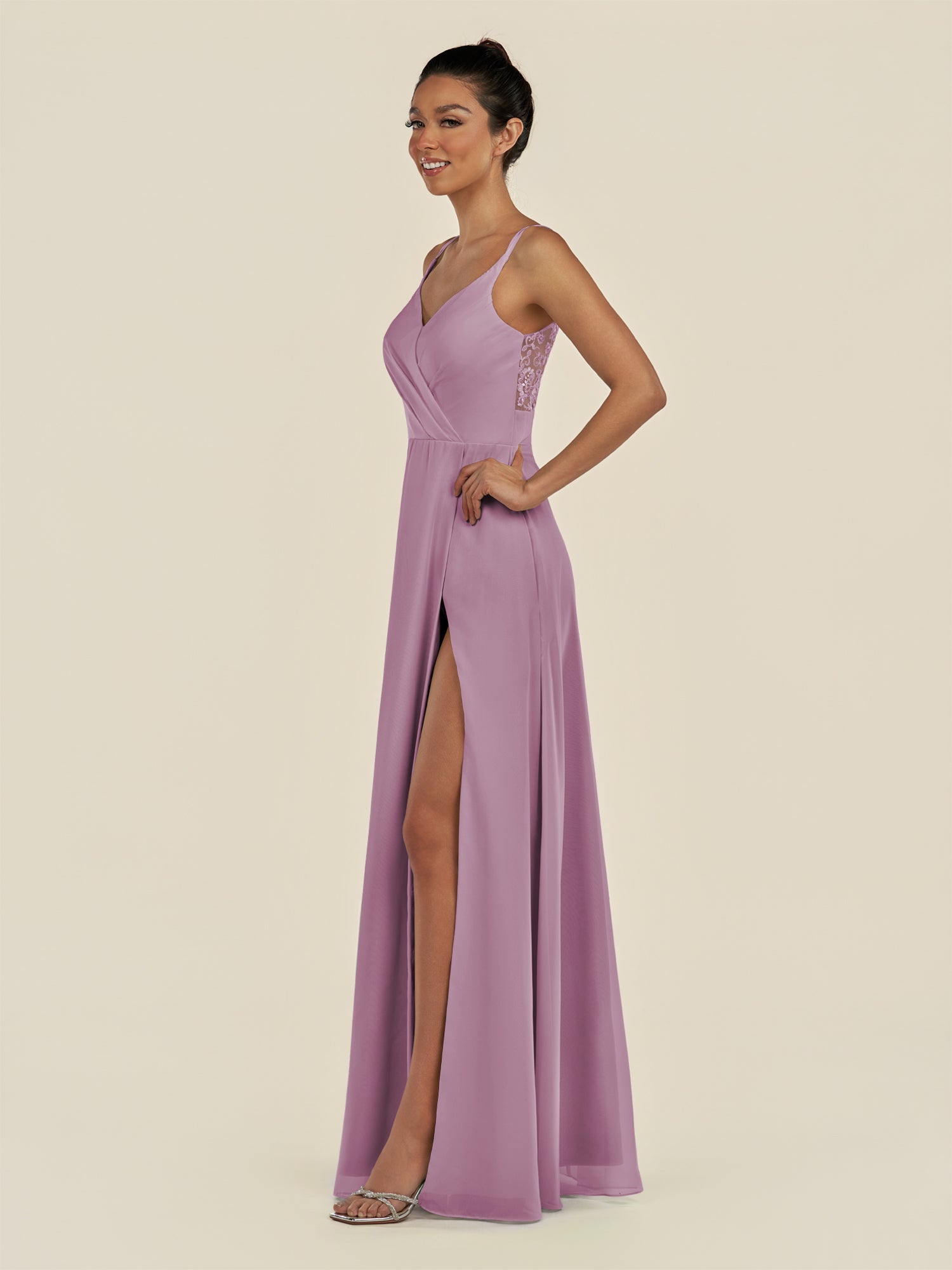 KissDress-Zyria Wisteria A Line Chiffon V Neck Ruched Long Bridesmaid Dress with Slit