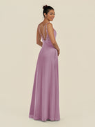 KissDress-Zyria Wisteria A Line Chiffon V Neck Ruched Long Bridesmaid Dress with Slit