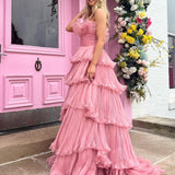 Vanessa |Pink Strapless A-Line Tiered Crinkled Tulle Prom Dress