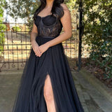 Talia | Black A Line Sweetheart Corset Tulle Prom Dress with Slit