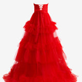 Matilda |Red A-Line Strapless Ruffled Tulle Evening Dress